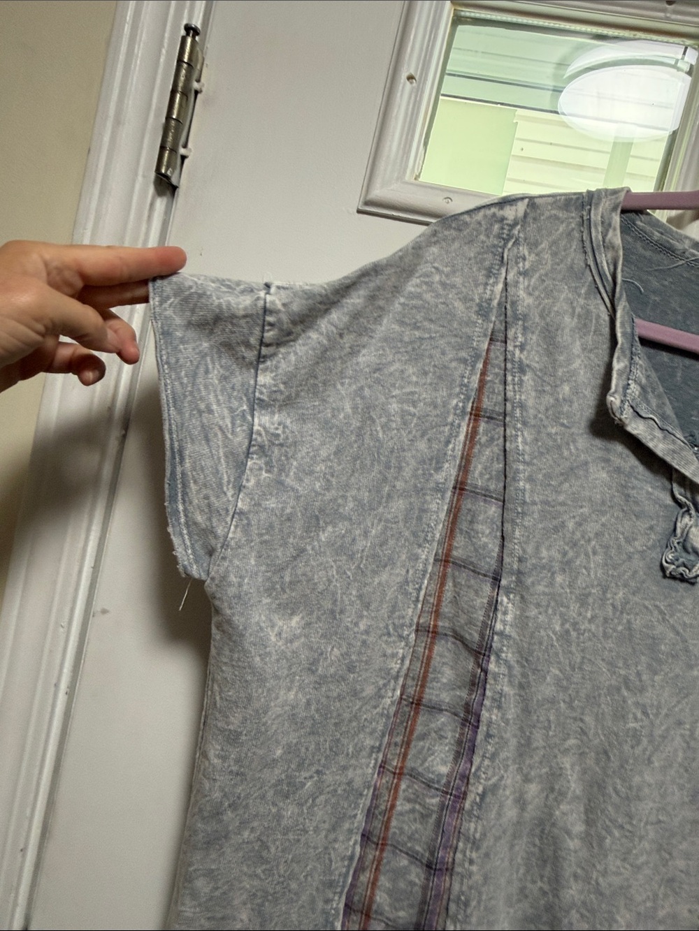 J.Her Washed Light Blue Short-Sleeve Women's Tee with Plaid Trim - Picture 3 of 6